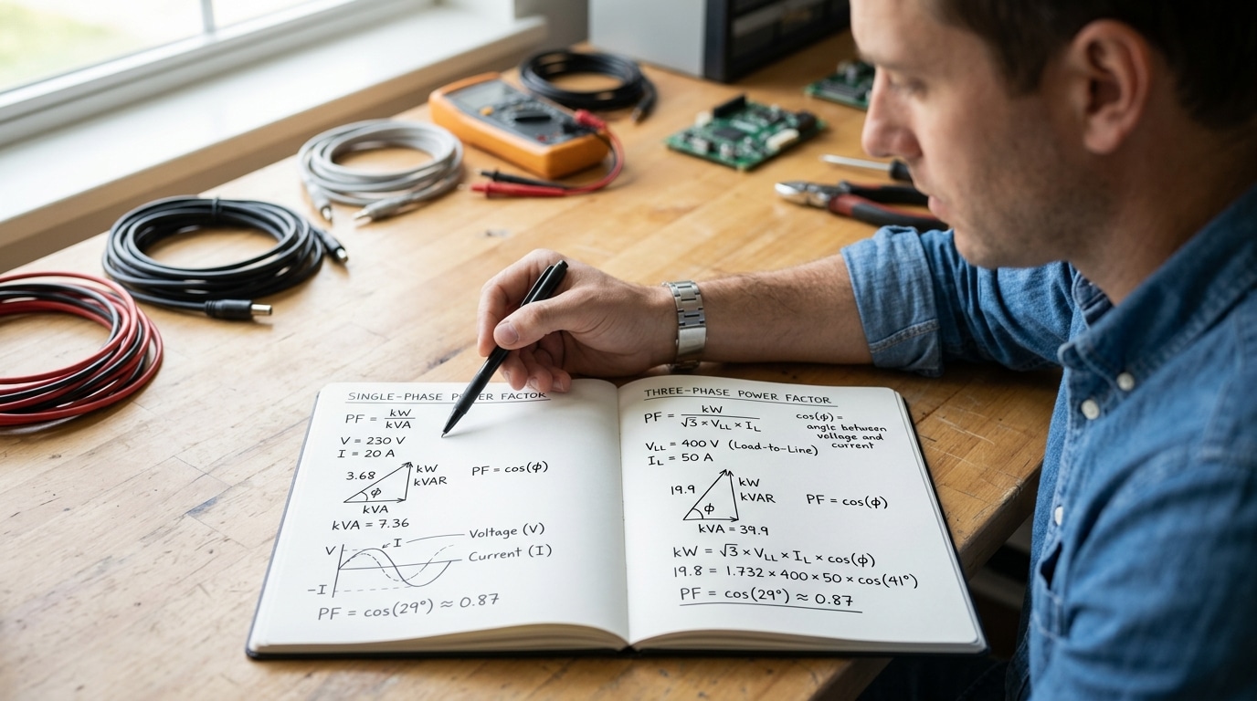 Power factor formula calculation examples for single-phase and three-phase circuits