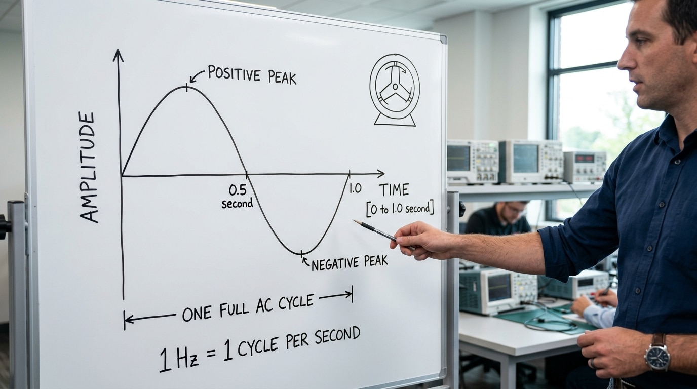 What is frequency in electrical systems AC cycle hertz diagram