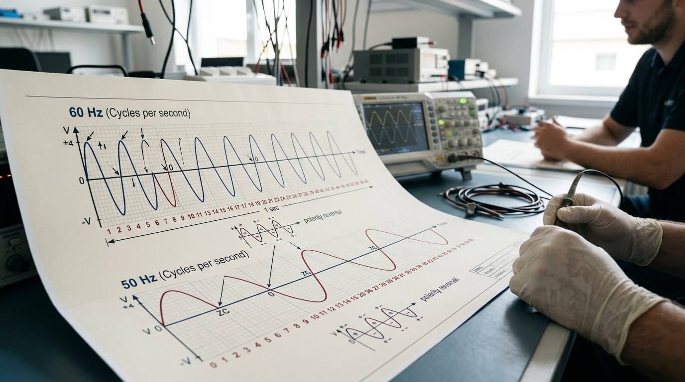 What 60 Hz means in electrical systems showing AC cycles and polarity reversals