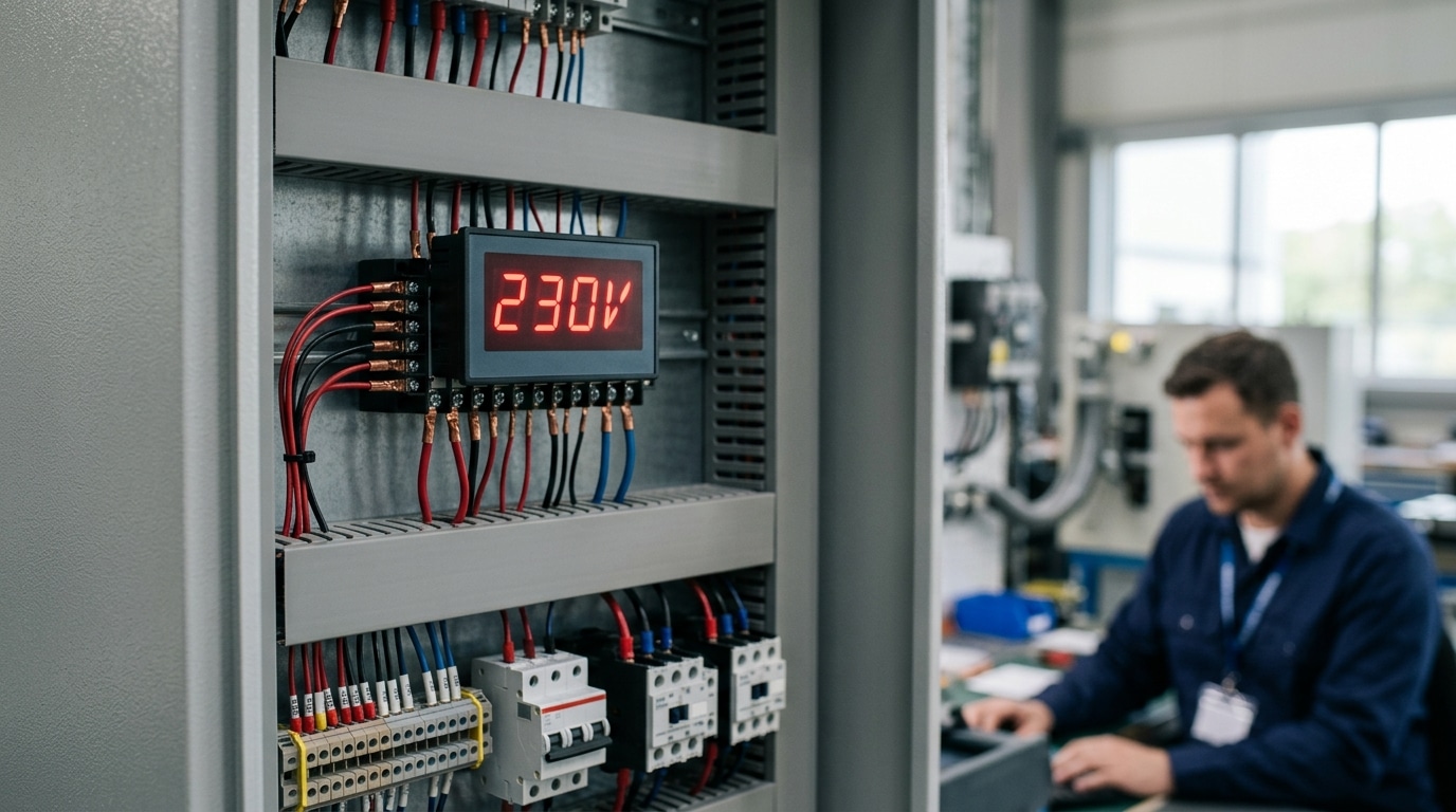 What is a digital panel meter shown mounted in a control panel displaying voltage