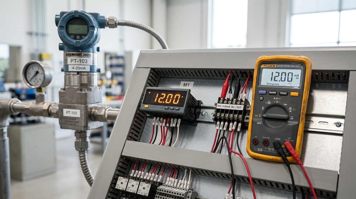 4-20mA digital panel meter guide showing loop wiring and scaling setup on industrial control panel