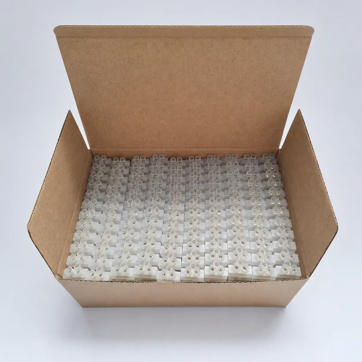 Fixed screw terminal blocks prepared for inspection and packaging