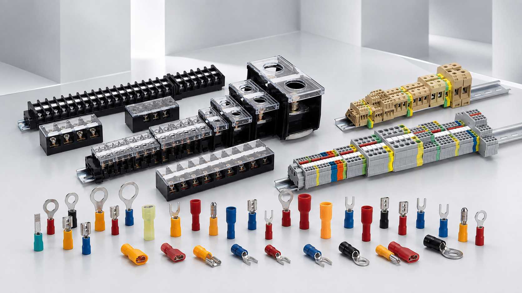 SENTOP terminal blocks and wiring accessories arranged on DIN rails